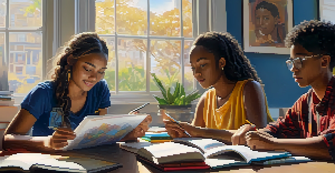 A group of diverse students engaged in discussion and collaboration around a table with books and laptops in a bright classroom.