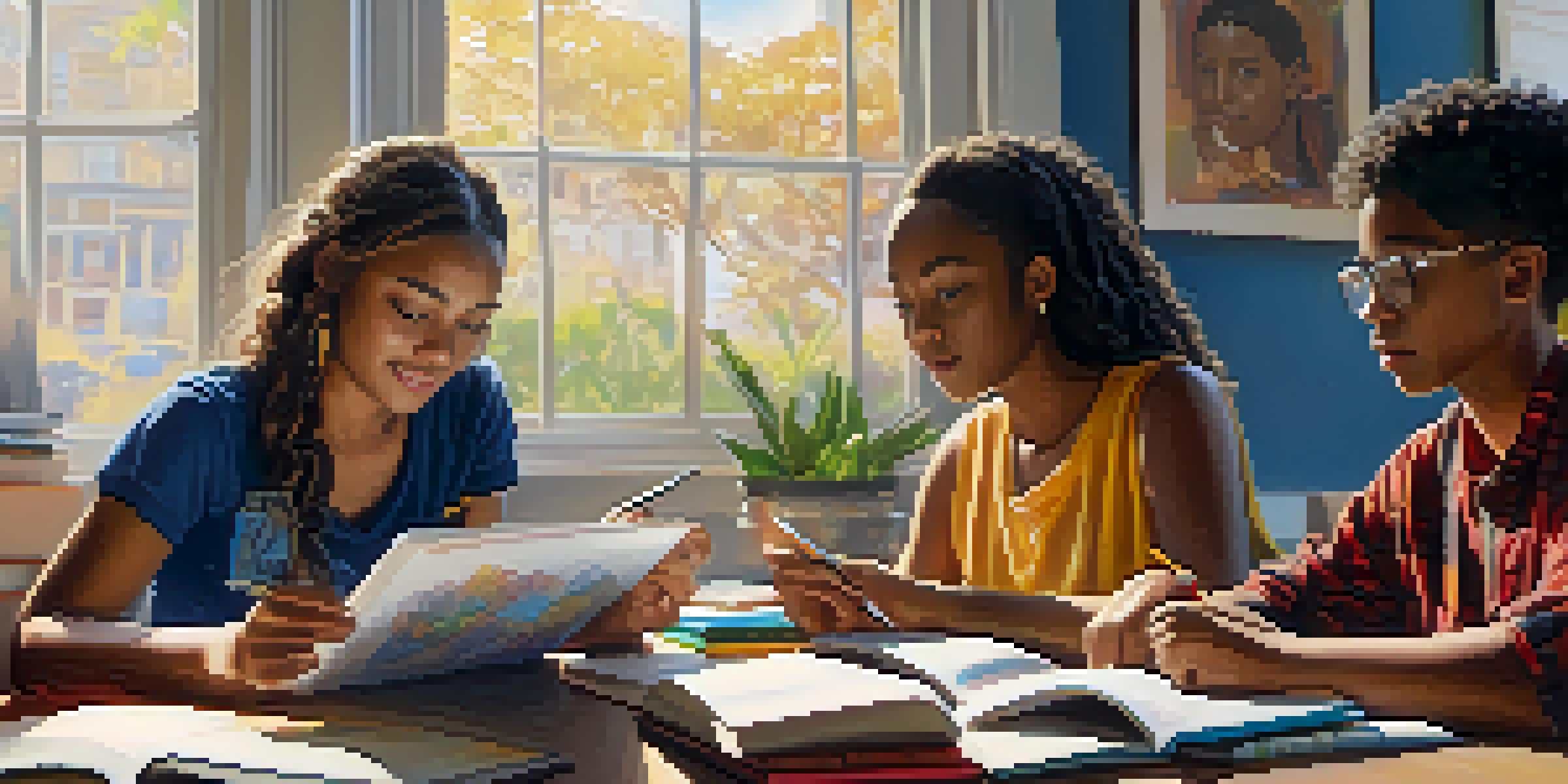 A group of diverse students engaged in discussion and collaboration around a table with books and laptops in a bright classroom.