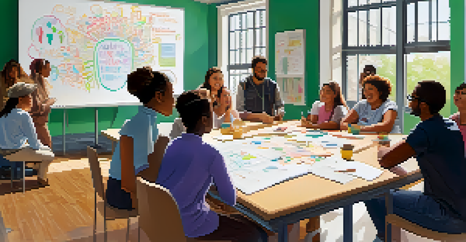 A diverse group of community members brainstorming ideas in a bright workshop setting.