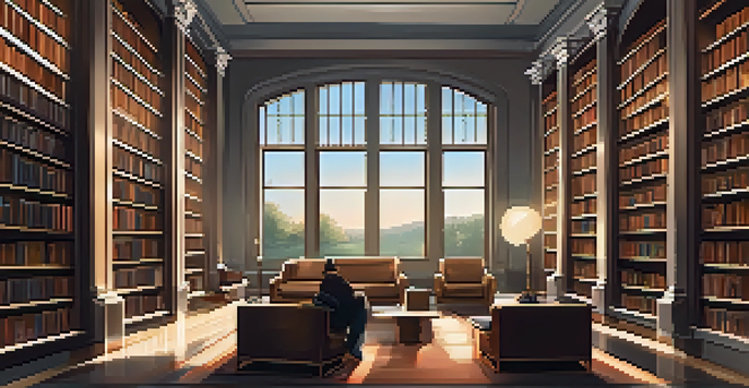 A cozy modern library with tall bookshelves and soft lighting, featuring a person browsing books.