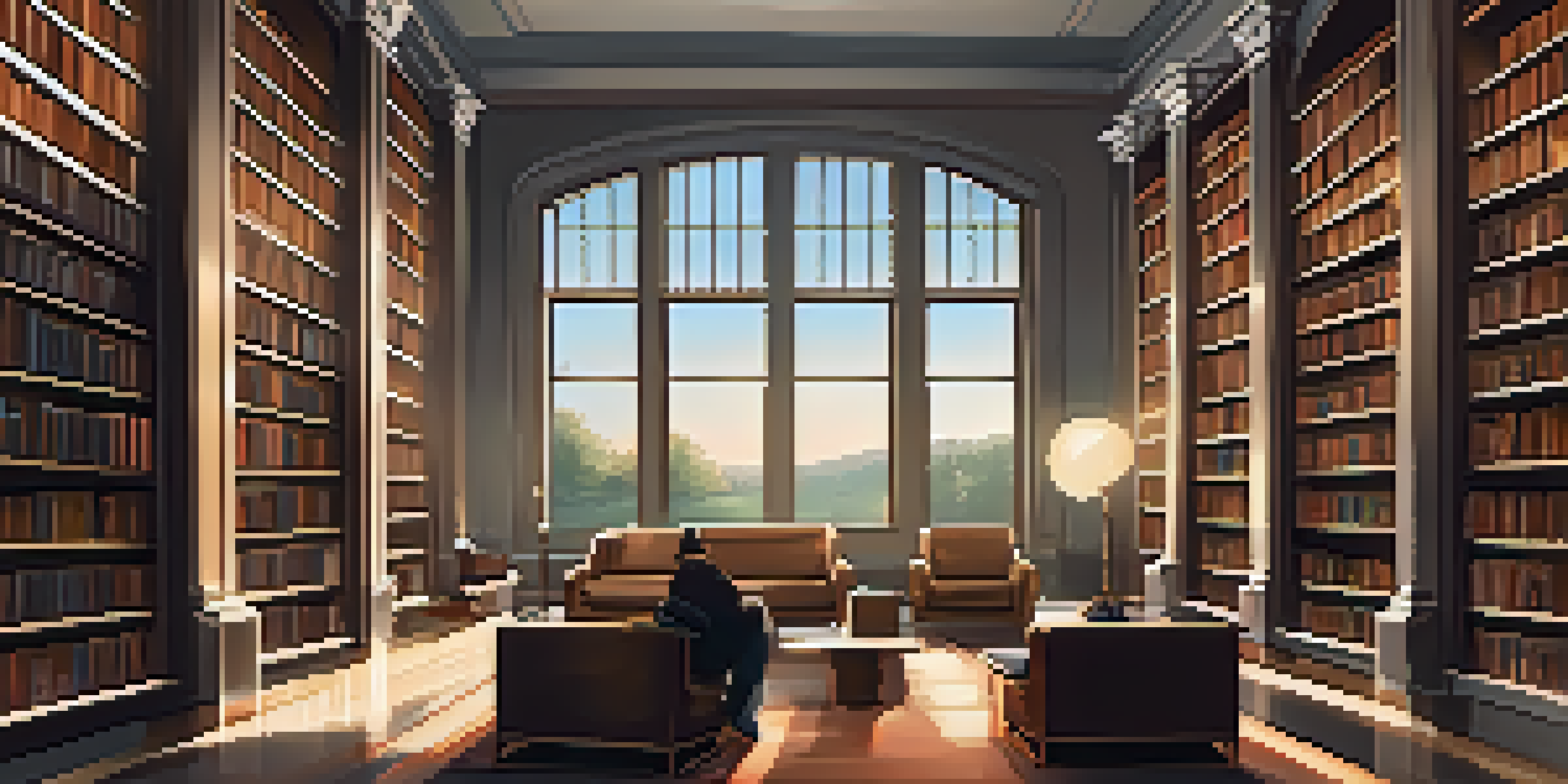 A cozy modern library with tall bookshelves and soft lighting, featuring a person browsing books.