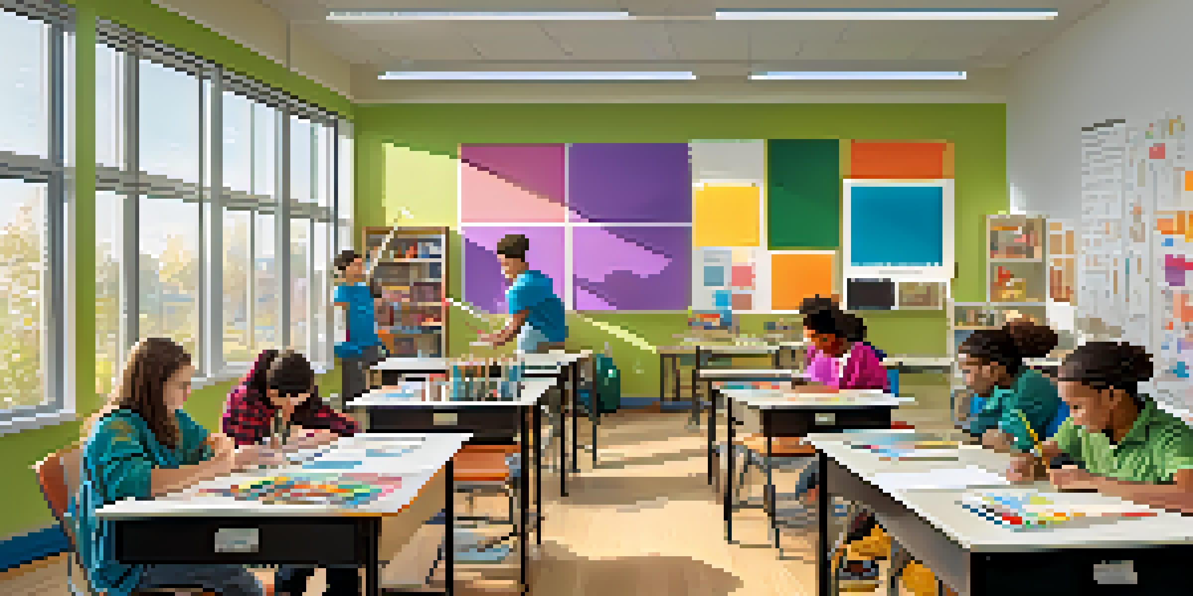 A diverse group of students collaborating in a colorful classroom filled with art supplies and science materials, working on an interdisciplinary project.