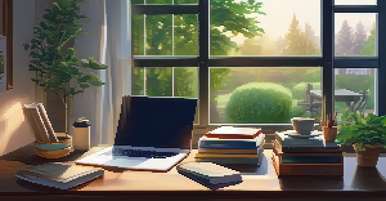 A cozy study space with a desk, books, laptop, and coffee, illuminated by soft lighting and a view of a garden.