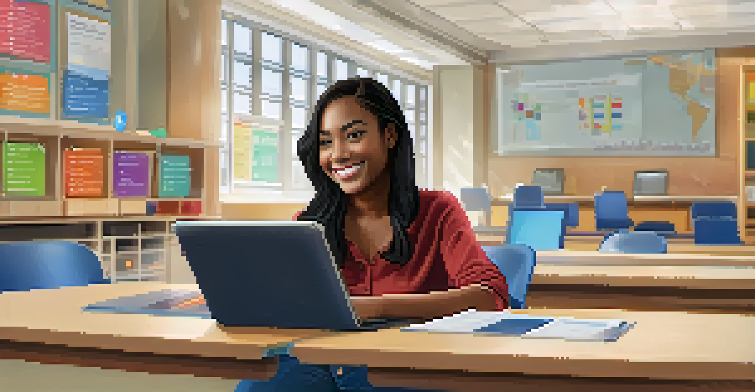 An educator reviewing student performance data on a tablet in a modern classroom filled with learning tools.