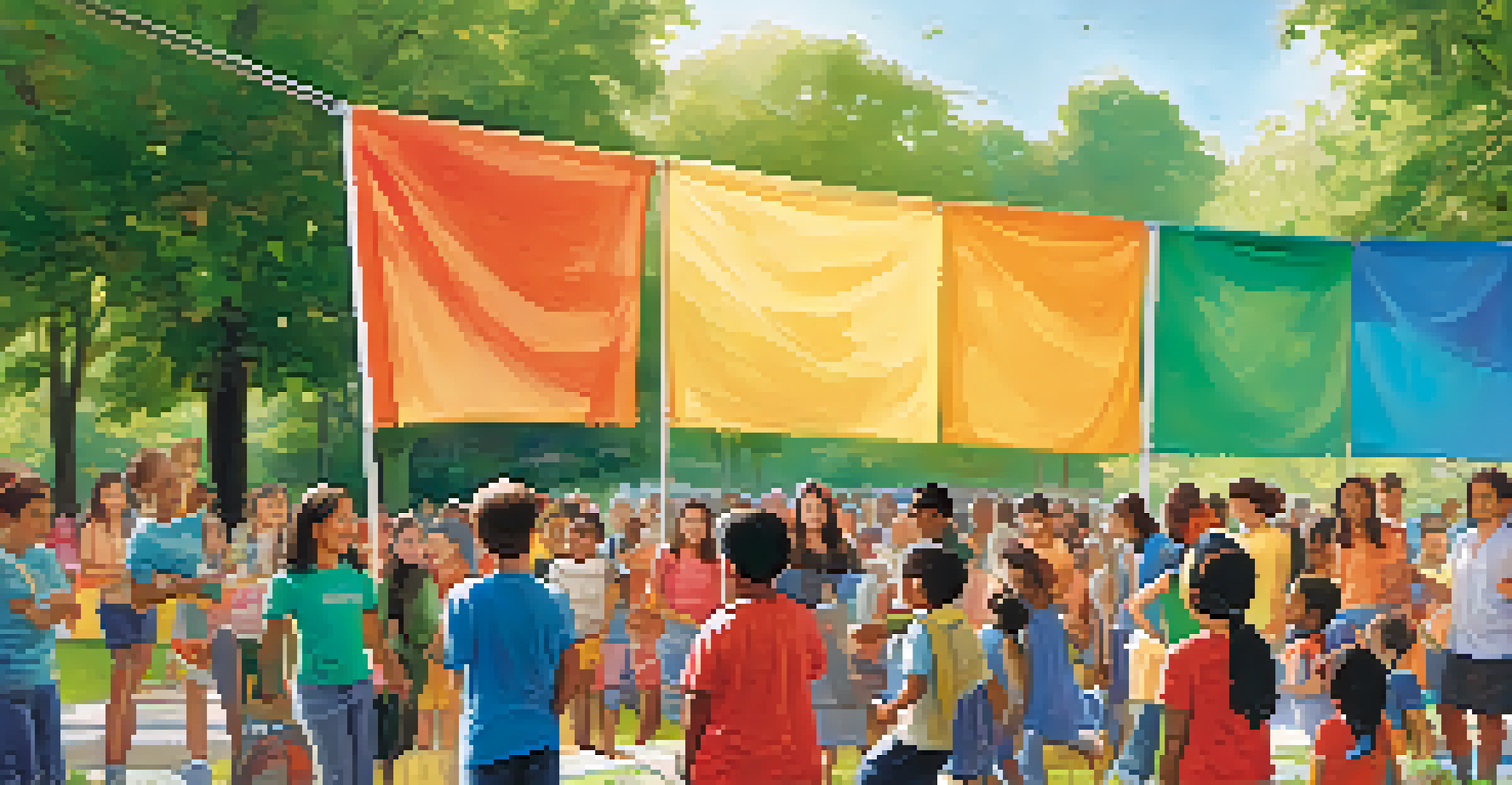 A lively outdoor school event with families and community members engaging in activities that promote inclusive education, with colorful banners in the background.