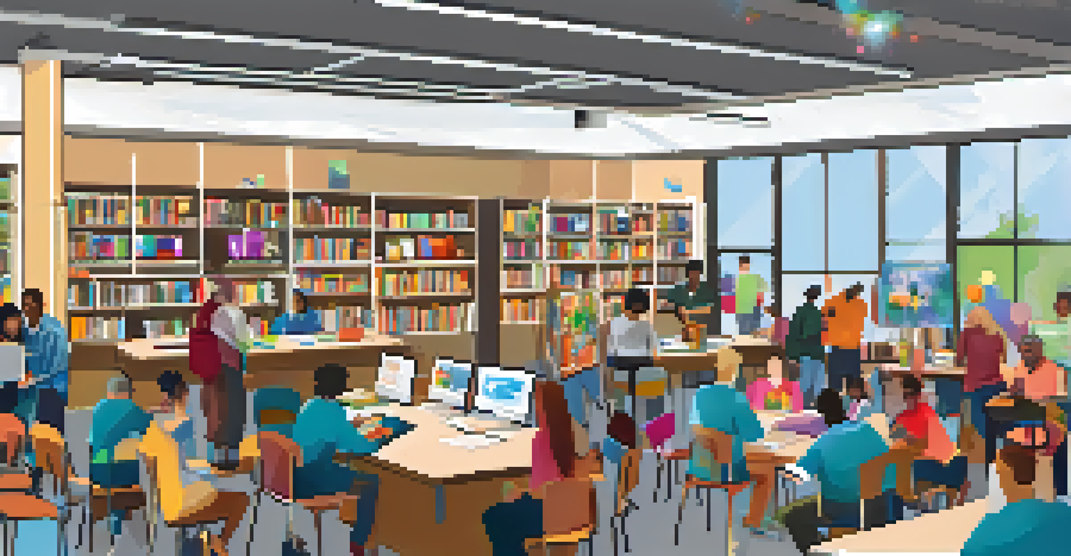 A community learning event at a library with people collaborating on projects and engaging with educational materials.