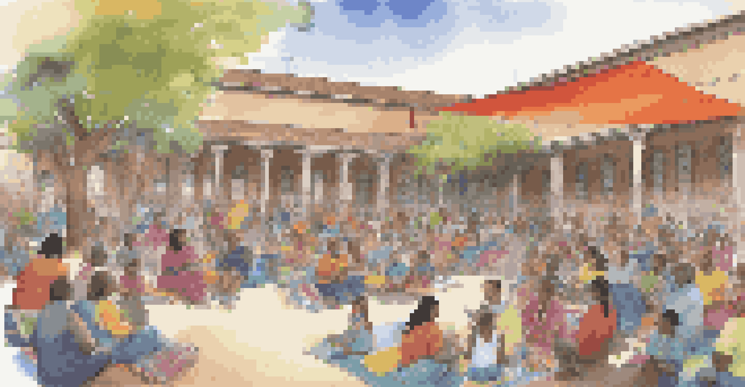 A community event in a library courtyard with families gathered for an author reading, colorful booths, and decorations representing various cultures.
