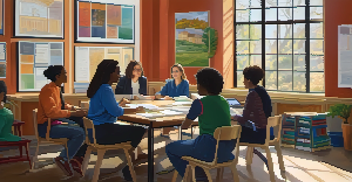 A diverse group of educators collaborating around a table in a bright room, sharing ideas and resources.