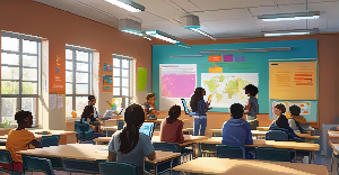 A vibrant classroom scene with students using technology, collaborating in groups, and a teacher guiding them.