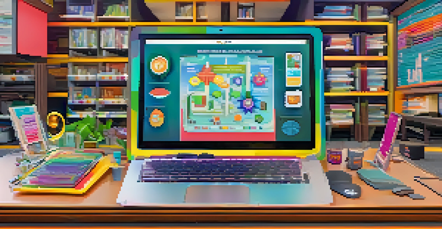 A close-up of a colorful digital badge displayed on a computer screen, set against a background of gamified learning elements.