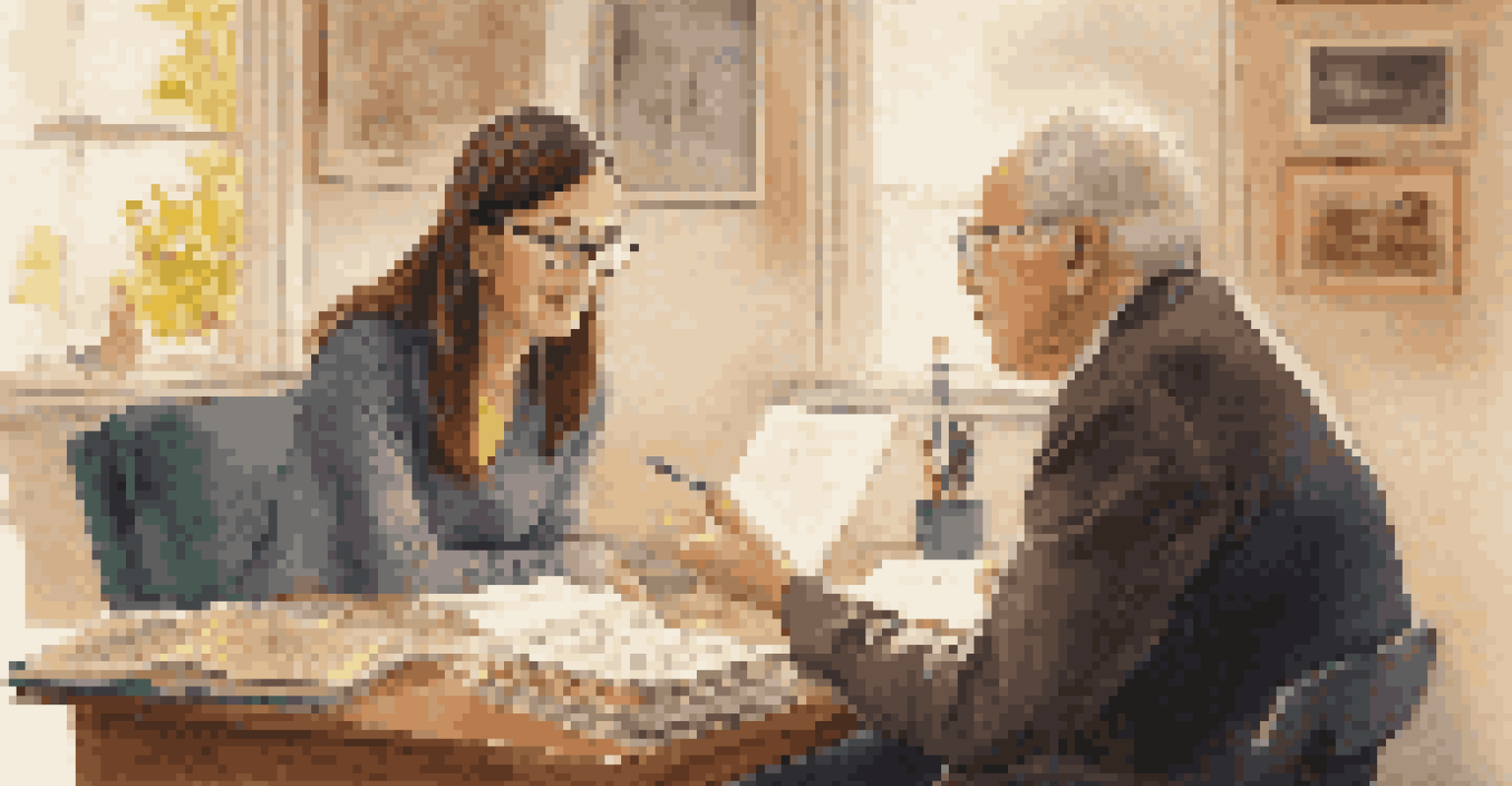 A mentor giving feedback to a mentee in a cozy indoor space with books and a laptop.