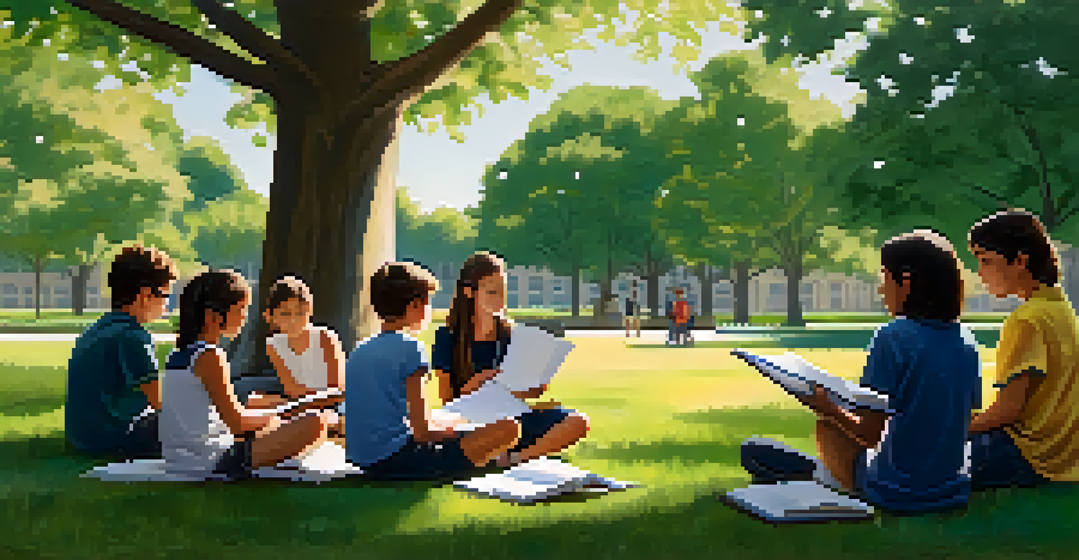 A teacher and students gathered in a circle outdoors in a park, discussing reflections while surrounded by greenery and a large tree providing shade.