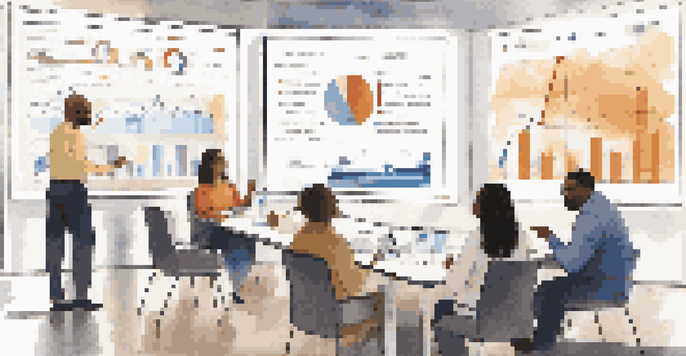 A diverse group of teachers in a bright meeting room discussing educational strategies with charts and data on display.