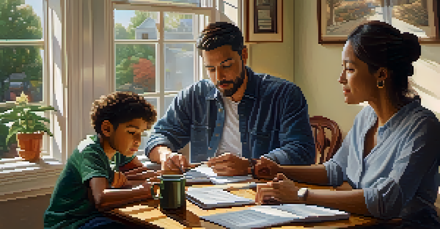 An immigrant family engaged in a financial discussion at their dining table, with paperwork and a laptop in front of them.