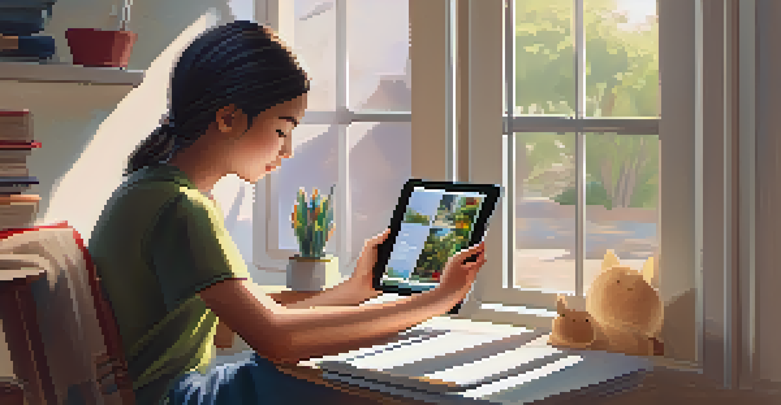 A student studying at home on a tablet in a cozy, well-decorated study area with soft sunlight coming through a window.