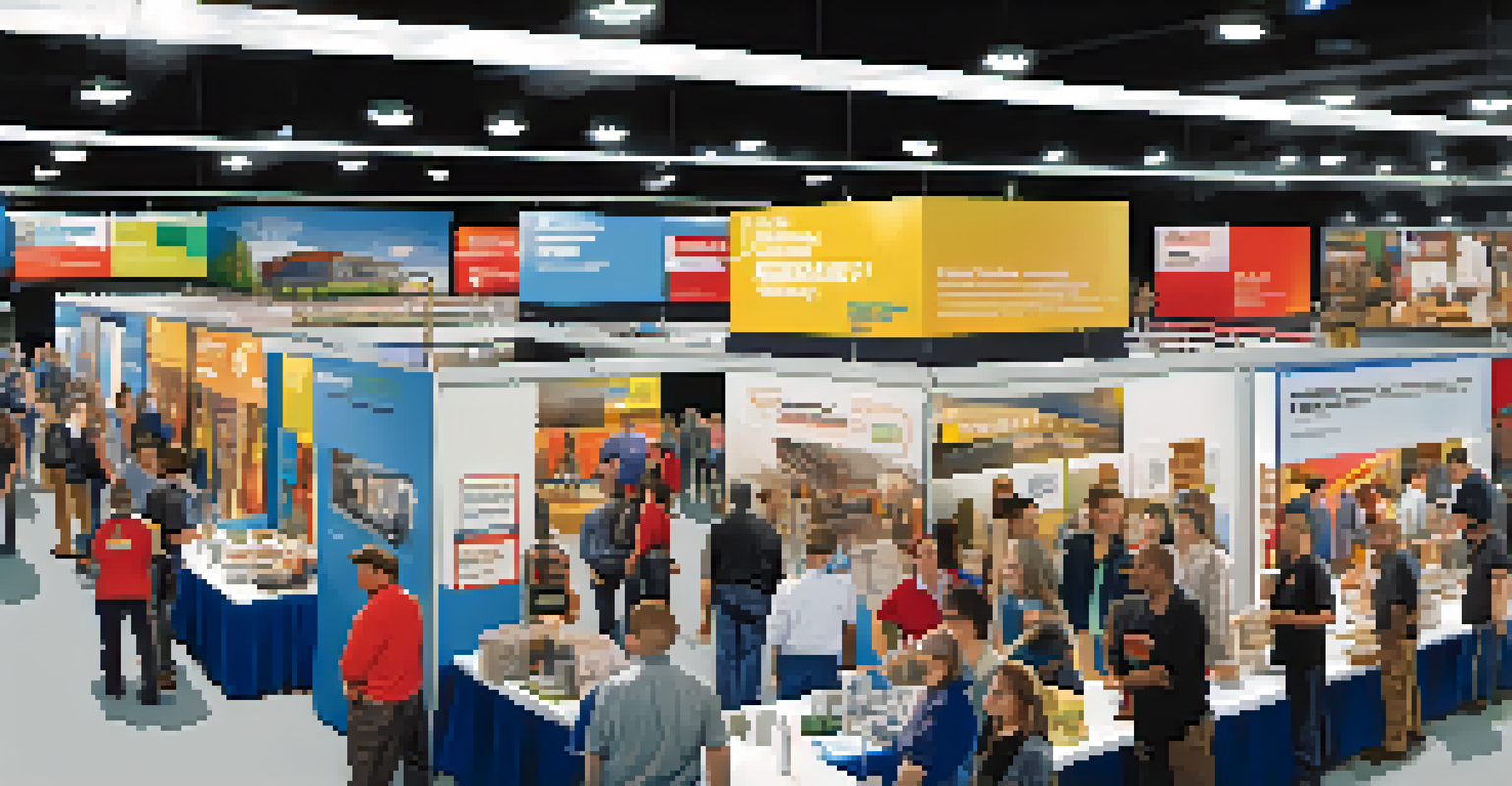 A vocational education fair with various booths showcasing trades like plumbing and culinary arts, filled with attendees and colorful banners.