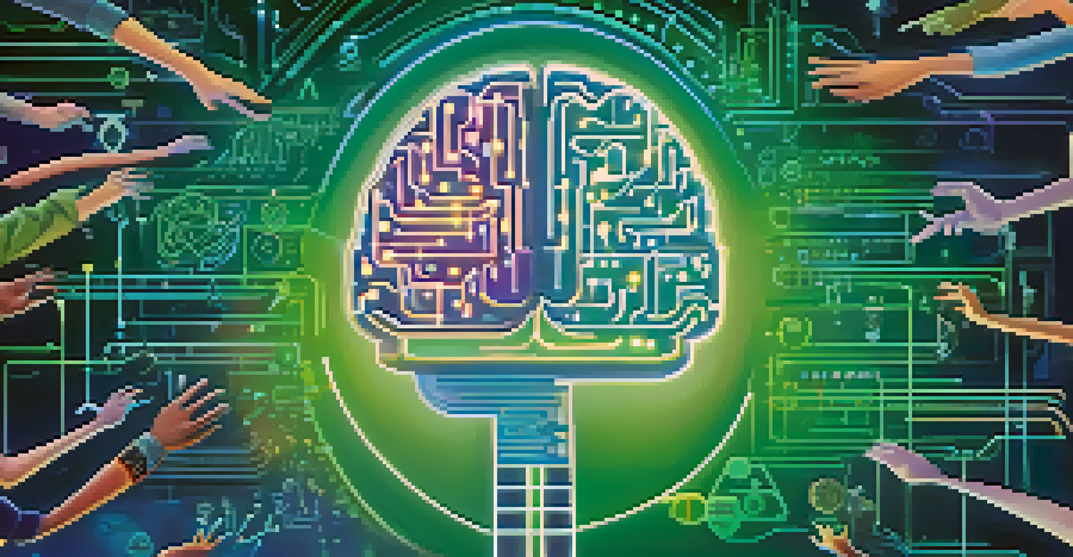 An abstract image of a circuit-patterned brain representing ethical AI in education, with diverse hands reaching towards it against a blue and green gradient background.