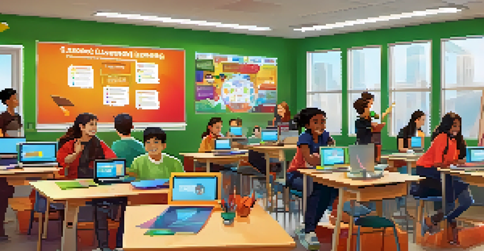 A lively digital classroom scene where students are joyfully engaged in a gamified learning activity, with colorful decorations and a large screen showing quiz questions.