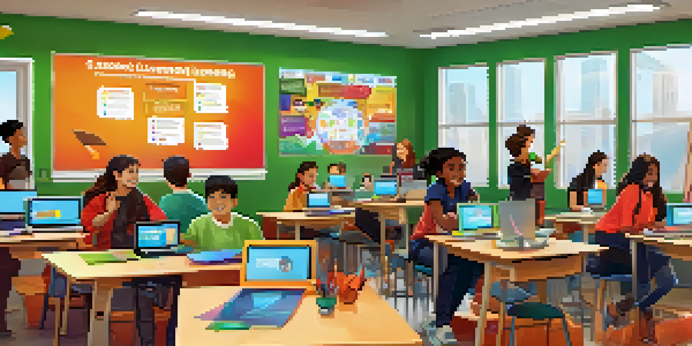 A lively digital classroom scene where students are joyfully engaged in a gamified learning activity, with colorful decorations and a large screen showing quiz questions.
