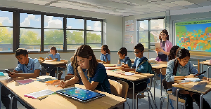 A diverse group of students in a bright classroom using mobile devices to engage with a lesson, with a teacher leading the discussion.