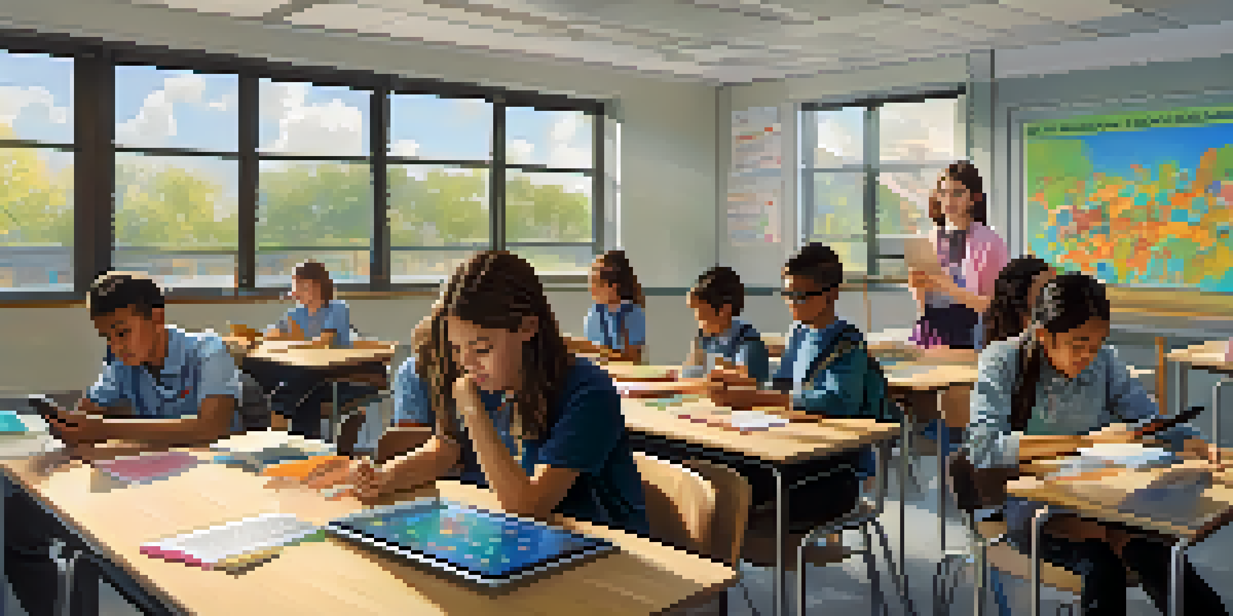 A diverse group of students in a bright classroom using mobile devices to engage with a lesson, with a teacher leading the discussion.