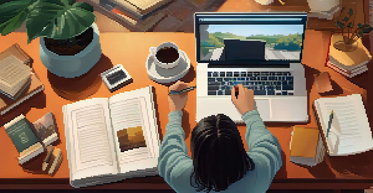 A student studying at home with textbooks and a laptop showing an educational video, in a cozy and warm setting.