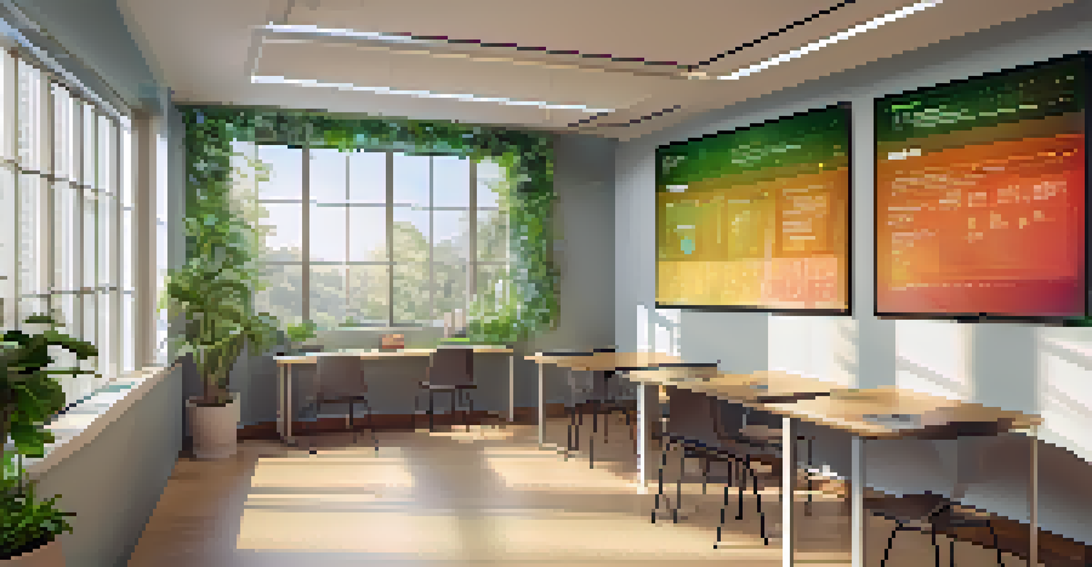 A study space with a wall-mounted screen showing a heat map of student engagement data, illuminated by natural light and decorated with plants.