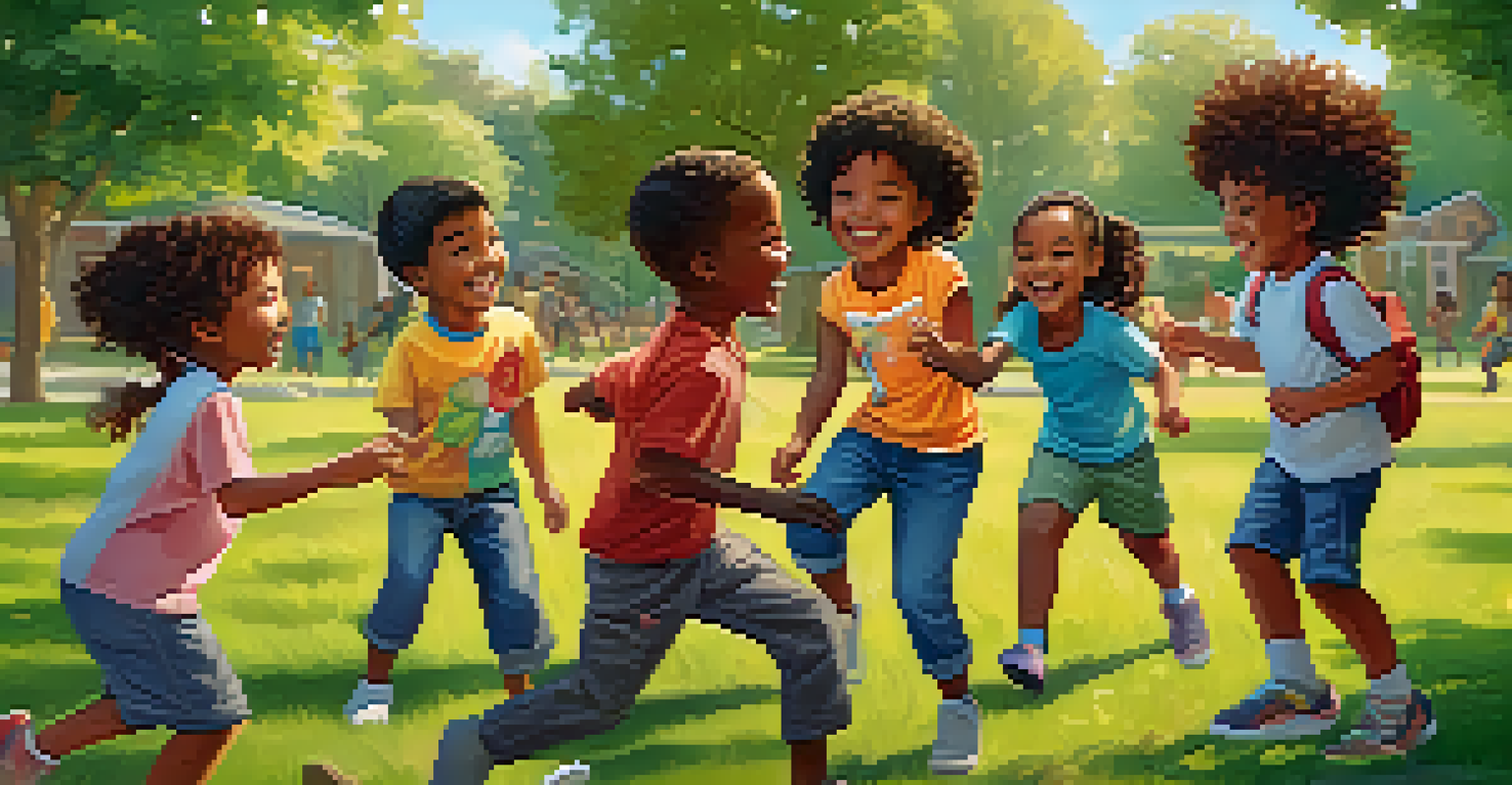 A diverse group of children joyfully playing together in a park, demonstrating teamwork and social interaction amidst nature.