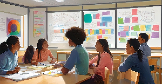 A classroom with diverse students actively discussing, with sunlight streaming in and a whiteboard covered in colorful notes.