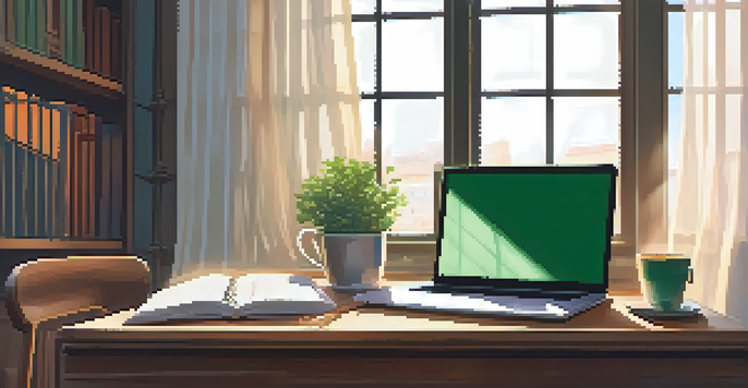 A calm study area with a wooden desk, an open notebook, a coffee cup, and a laptop, illuminated by soft morning light.