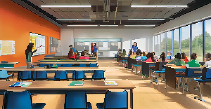 A contemporary classroom with students actively participating around a smart board, showcasing a bright and engaging learning atmosphere.