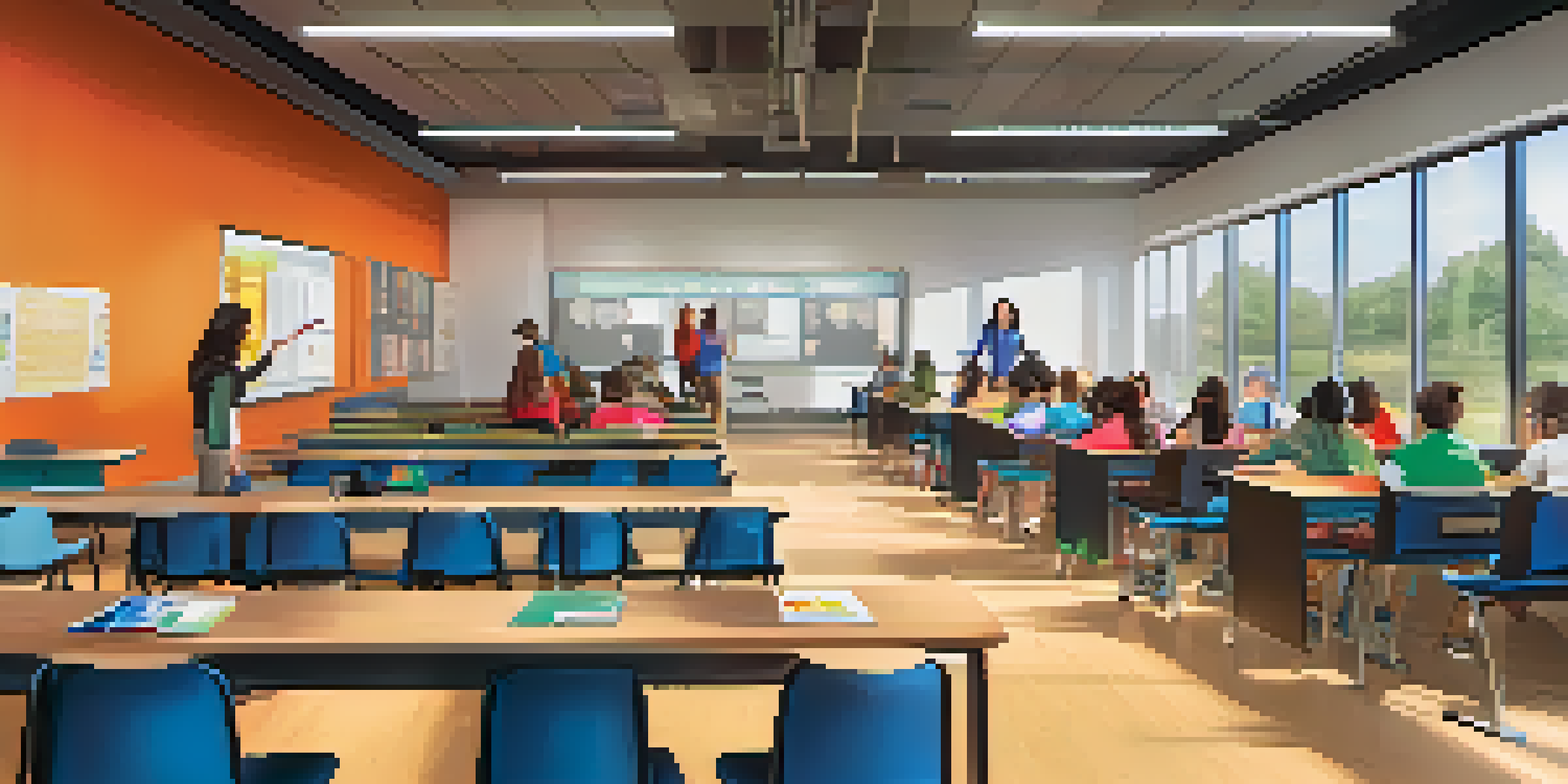 A contemporary classroom with students actively participating around a smart board, showcasing a bright and engaging learning atmosphere.