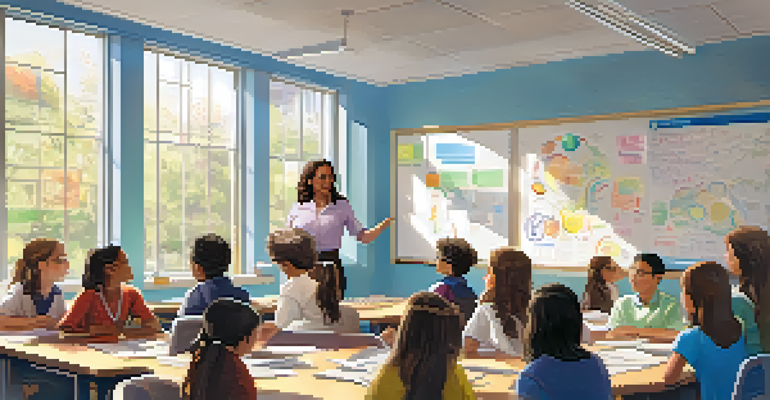 A teacher discussing a community-based STEM project with a diverse group of students in a bright classroom filled with educational posters.