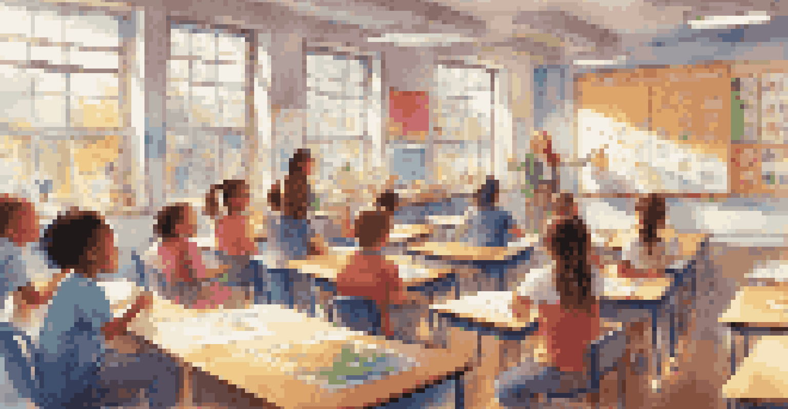 A bright classroom with students engaged in learning, raising hands, and interacting with the instructor.