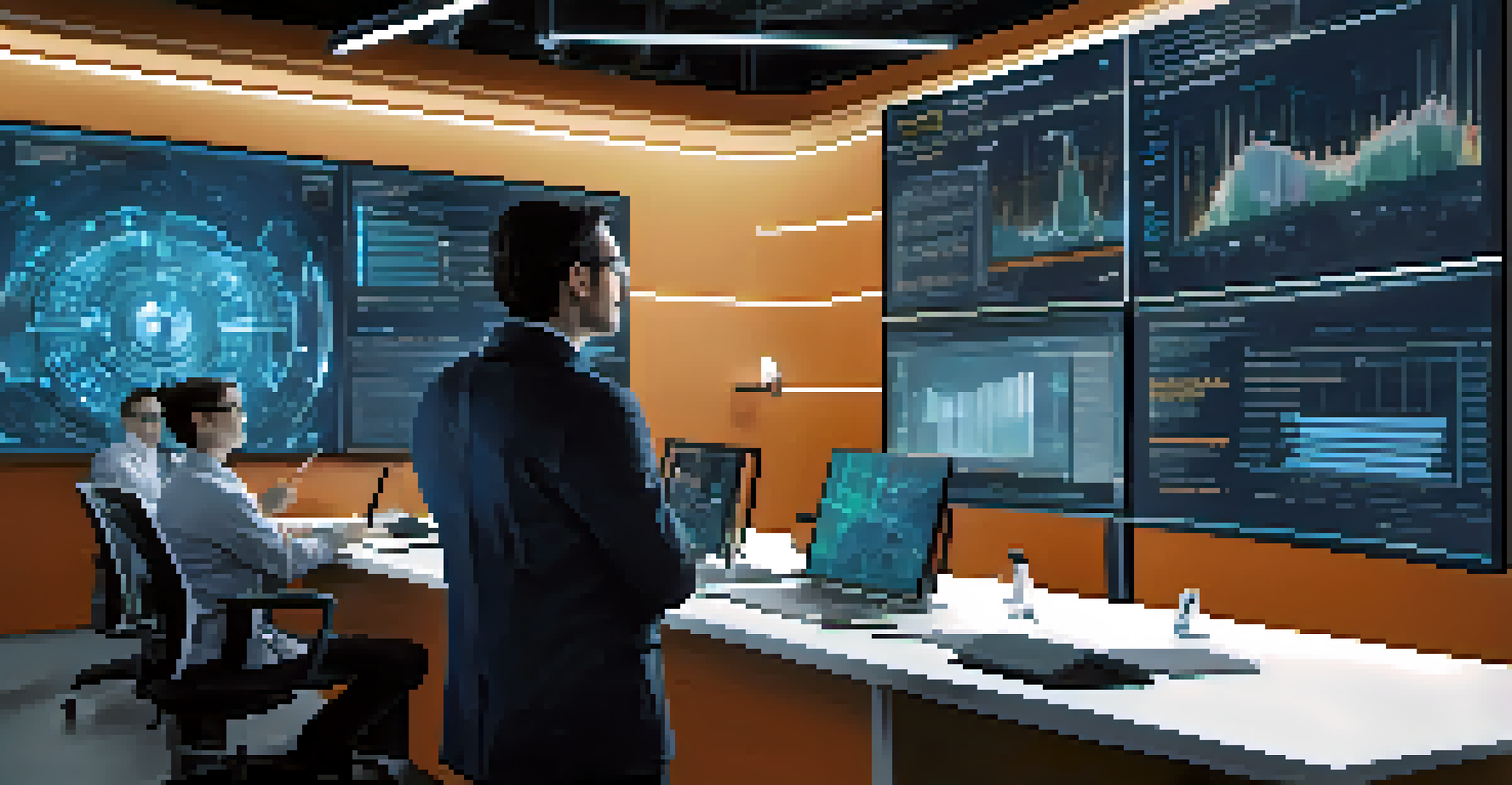 An engineer and a scientist discussing cybersecurity data in a high-tech room with digital screens showing analytics.