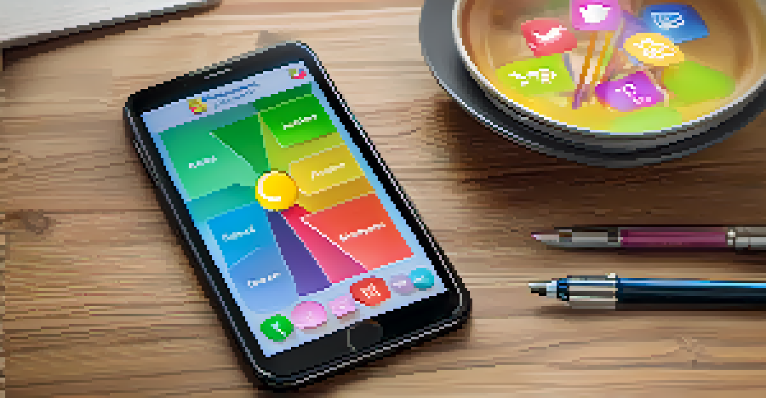 A close-up of a smartphone displaying a learning management app with colorful course icons and notifications, next to a notebook and pen.