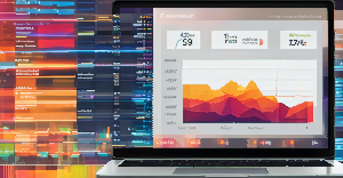A laptop screen displaying a colorful data dashboard with various graphs and charts, set in a softly lit room.