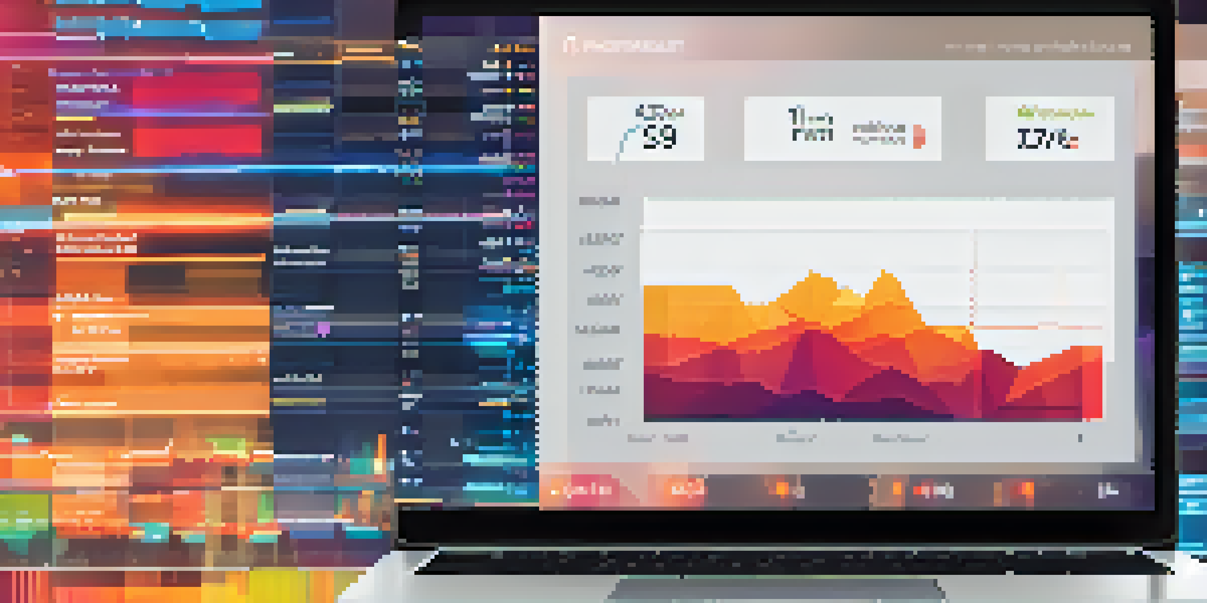 A laptop screen displaying a colorful data dashboard with various graphs and charts, set in a softly lit room.