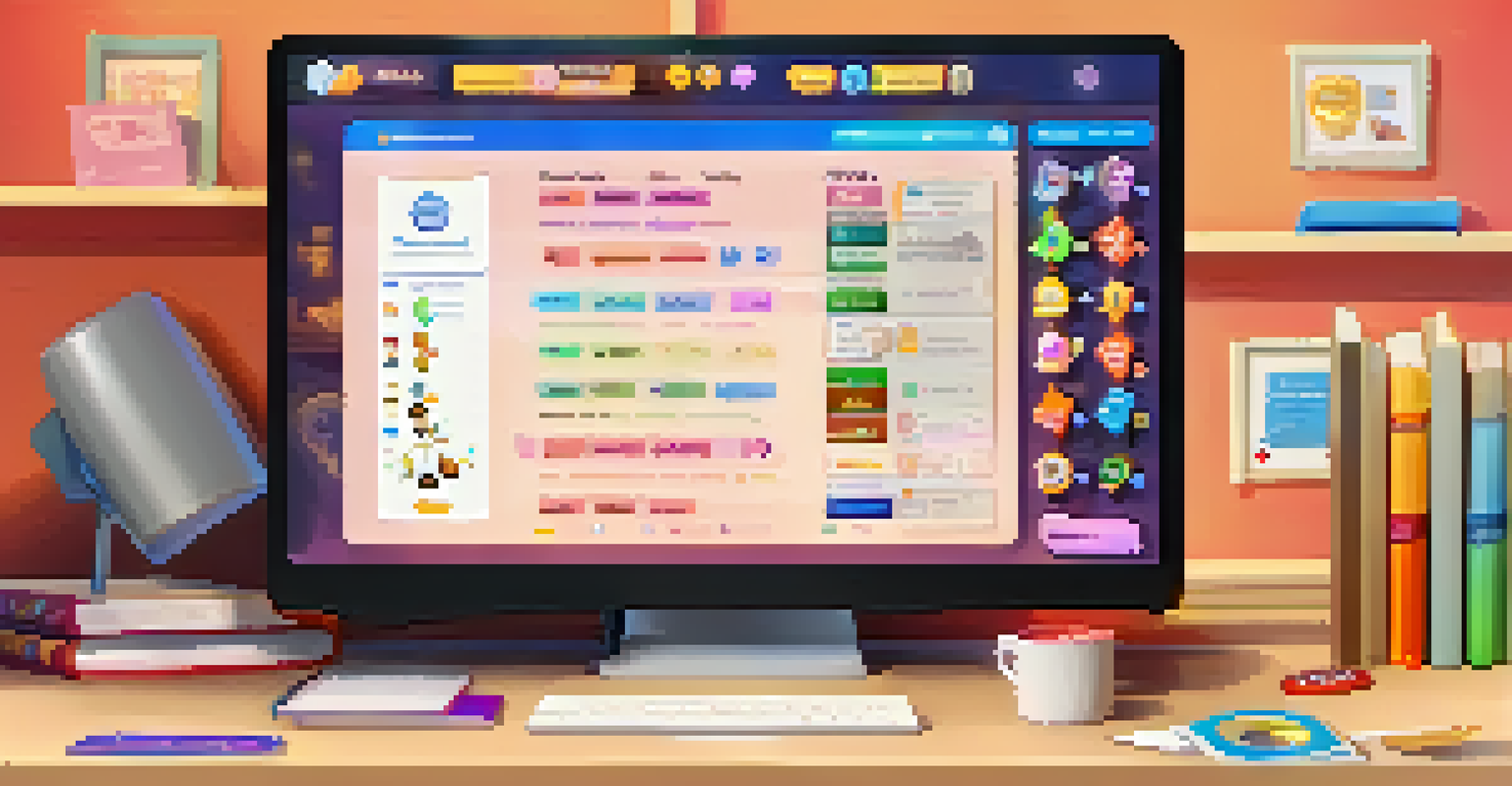 A computer screen showcasing a gamified learning platform, with colorful educational games and a cozy study space in the background.