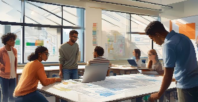 A diverse group of engineering students working together in a modern classroom filled with technology, discussing ideas at a table with blueprints and laptops.