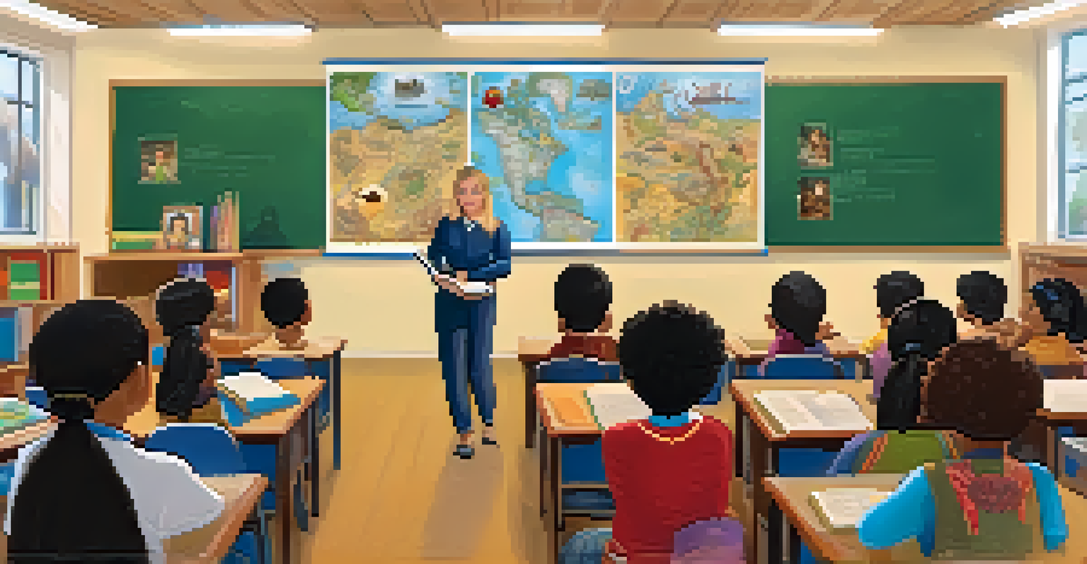 A teacher presenting a multicultural book in a classroom adorned with global artifacts, while engaged students listen attentively.