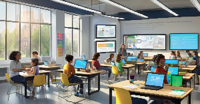 A bright and modern classroom with students using digital devices and engaging in discussions, highlighting blended learning.