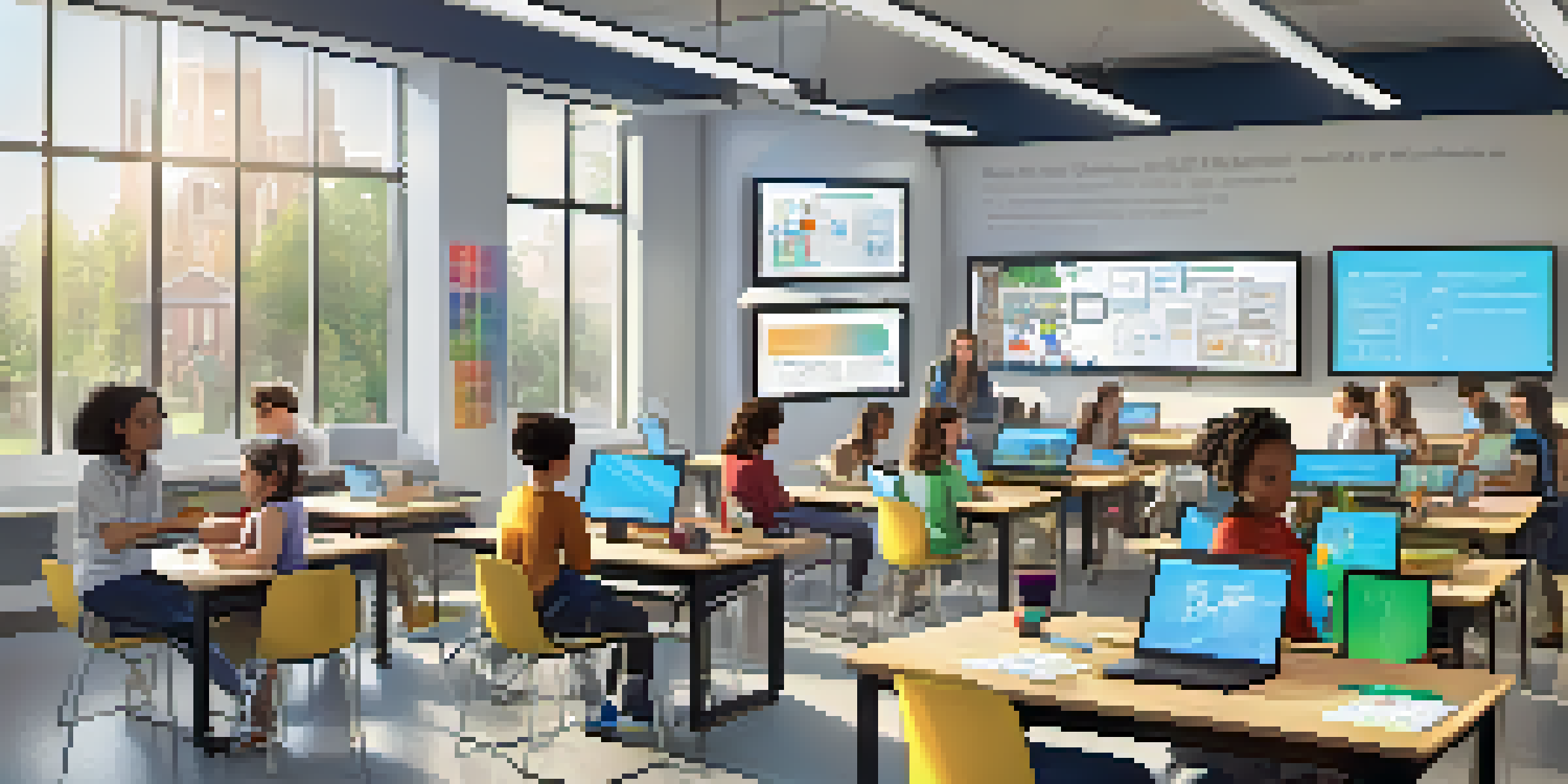 A bright and modern classroom with students using digital devices and engaging in discussions, highlighting blended learning.