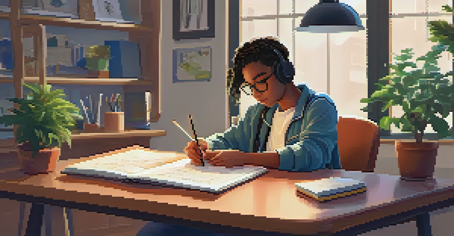A student studying at a desk with a tablet and books, in a warm and inviting study space.