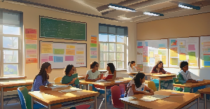 A vibrant classroom with students of diverse backgrounds engaged in group discussions about language learning, with colorful educational posters on the walls and sunlight pouring in through the windows.