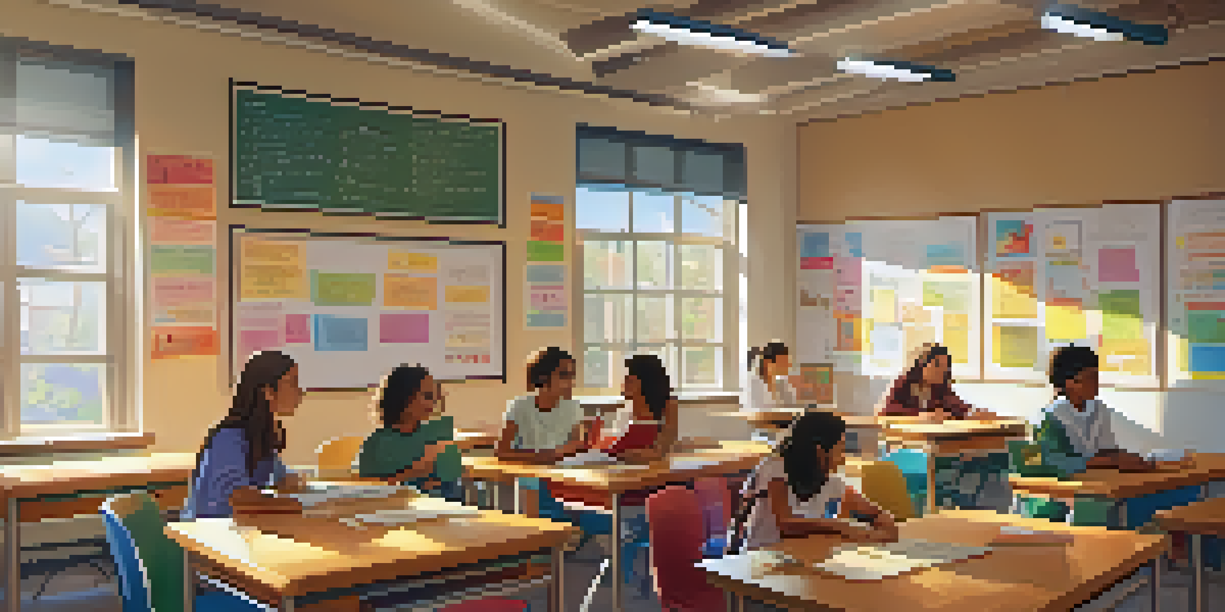 A vibrant classroom with students of diverse backgrounds engaged in group discussions about language learning, with colorful educational posters on the walls and sunlight pouring in through the windows.