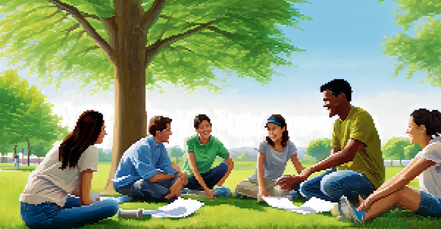 A mentor guiding young professionals in a park during a team-building exercise on a sunny day.