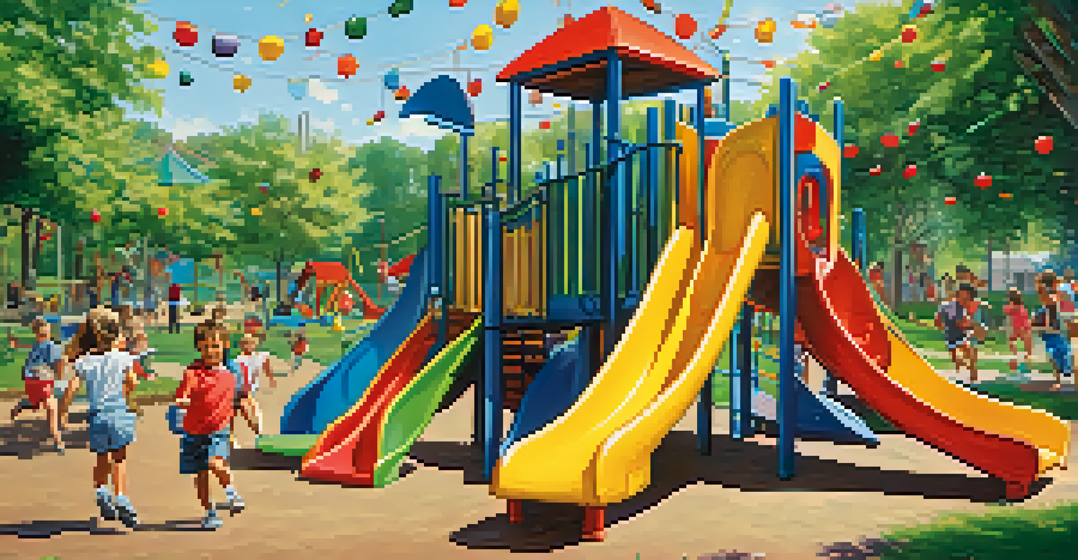 An energetic outdoor playground filled with children playing on colorful equipment, capturing the joy of outdoor play.