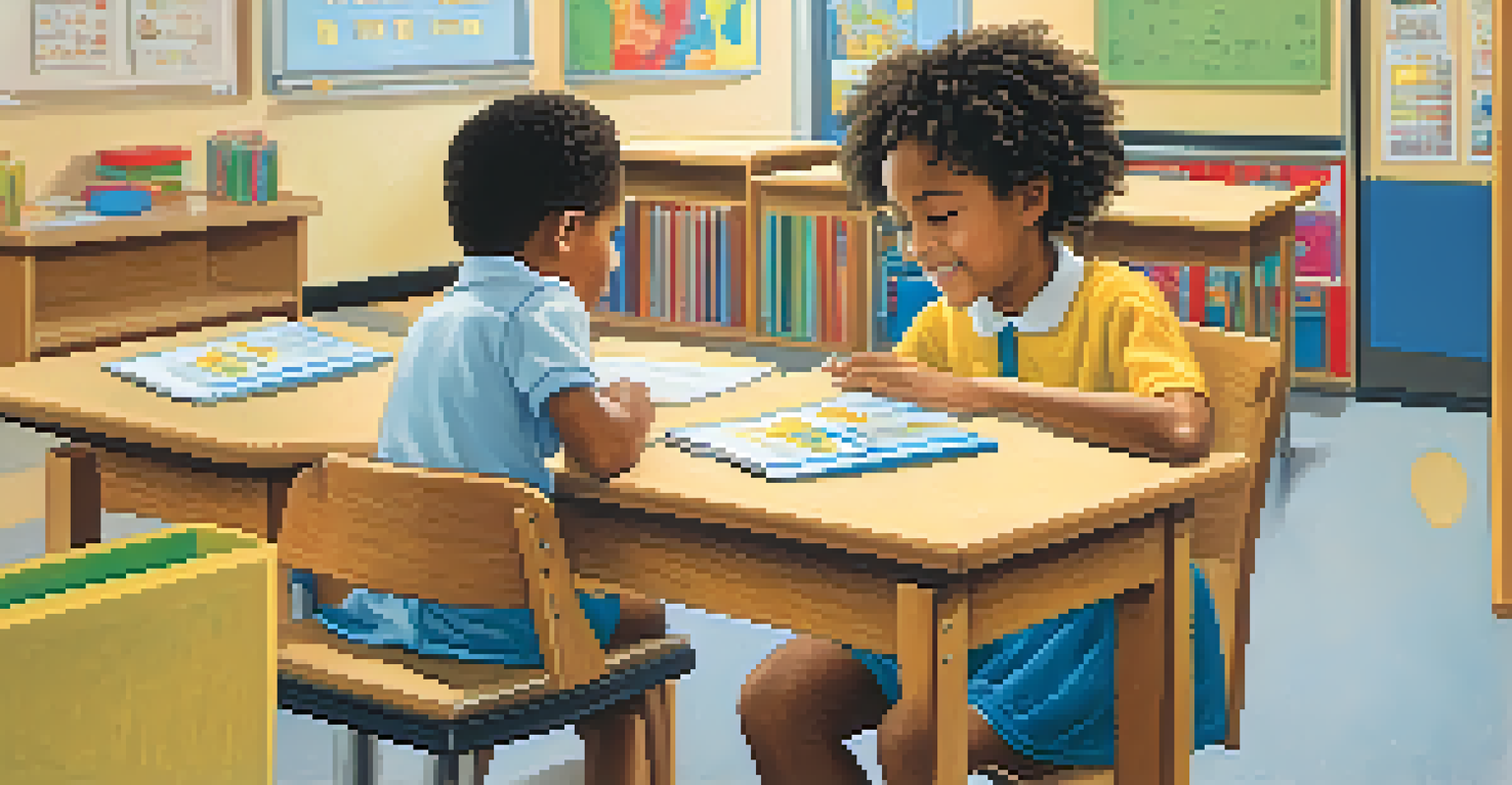 A split image depicting positive and negative reinforcement in a classroom, with a student receiving a sticker and another being allowed to leave class early.