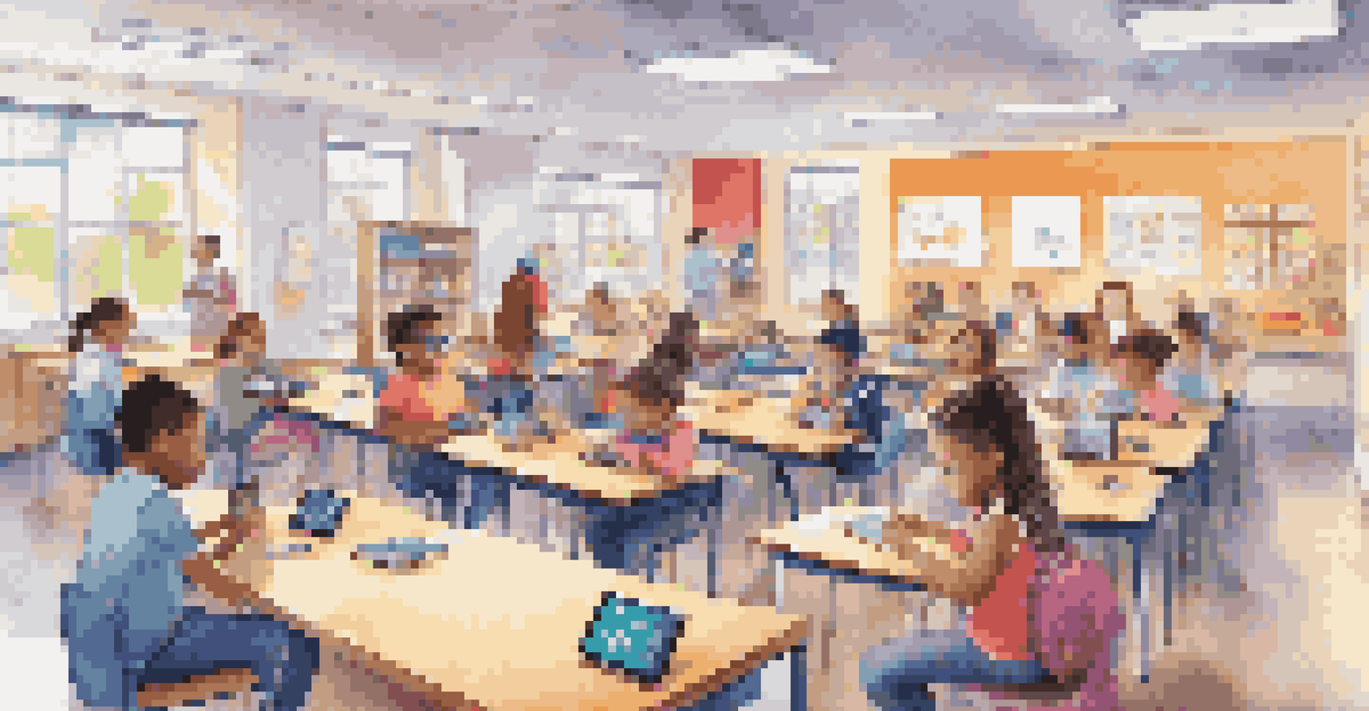 Students using wearable devices like smartwatches in a vibrant classroom equipped with IoT devices, interacting with gamified learning apps.